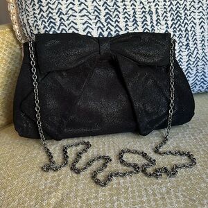 ANN TAYLOR Black Suede Metallic Bow Clutch with Removable Shoulder Chain
